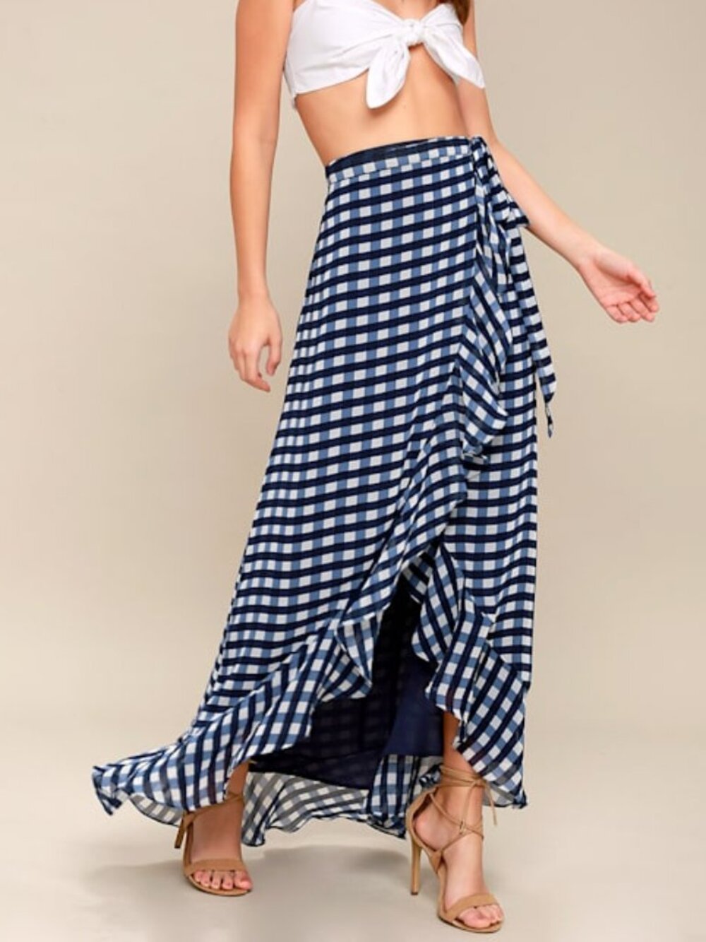 Lulus Florida Keys Blue And White Gingham Wrap Maxi Skirt - Size Small